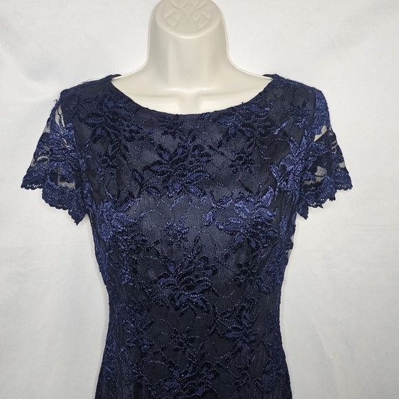 VTG Women ABS Evening Collection Neiman Marcus Navy Blue Floral Lace Dress Sze 4 - Picture 4 of 15